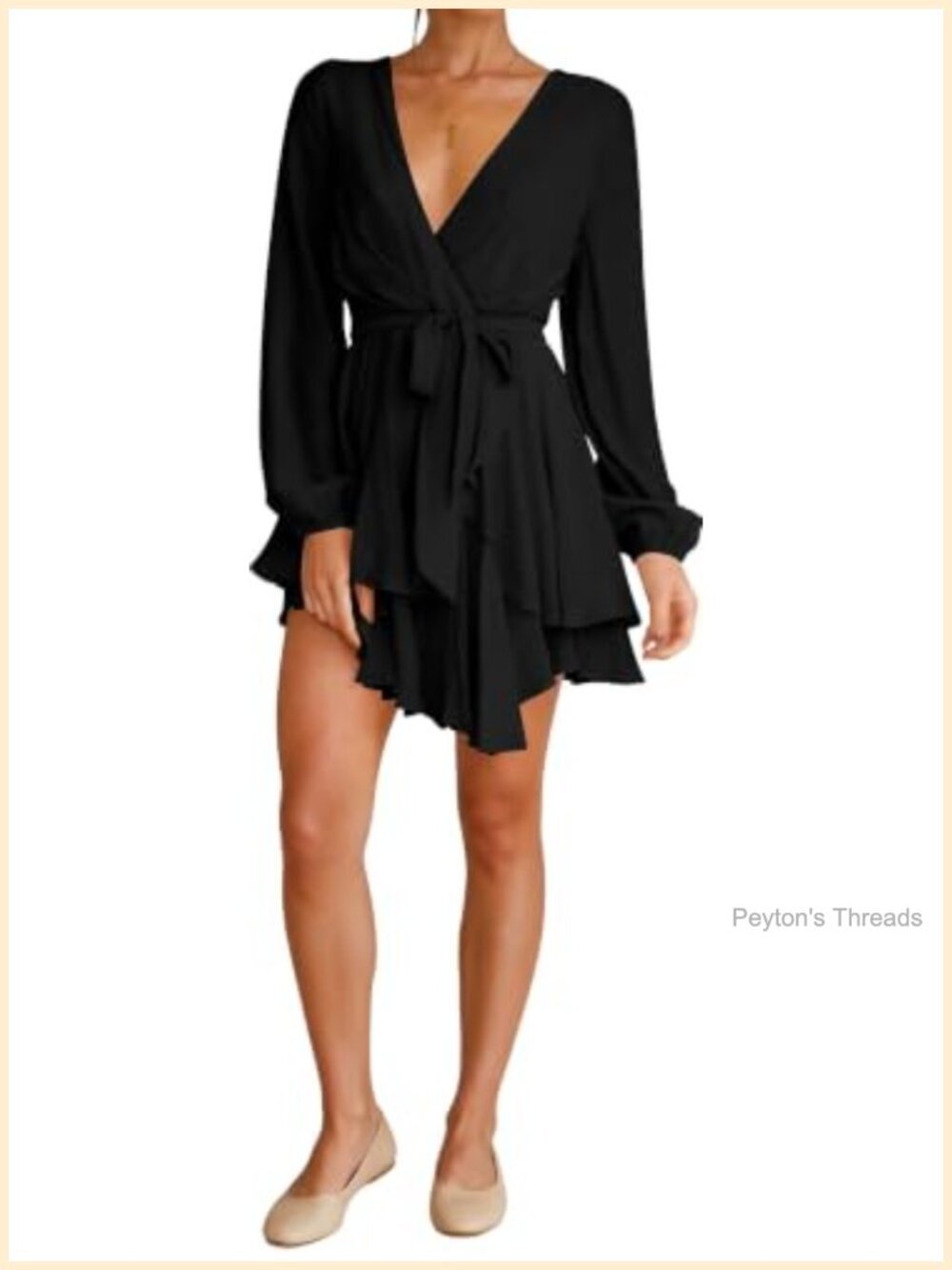 Womens Mini Skater Dress Deep V-Neck Long Sleeve Waist Tie Ruffle